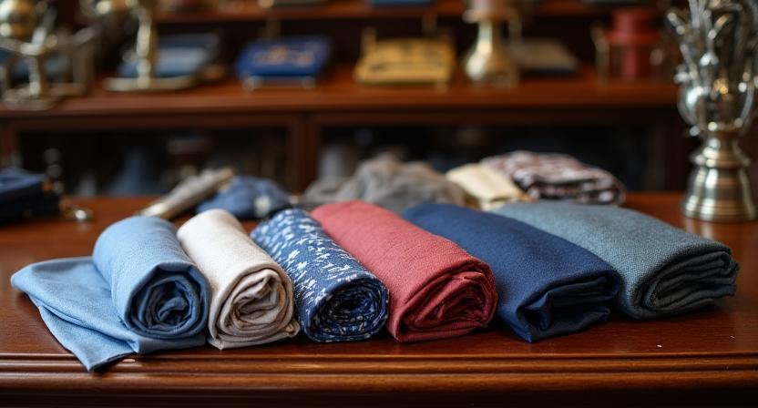Collezione di pochette colorate su un tavolo di legno antico nel nostro atelier