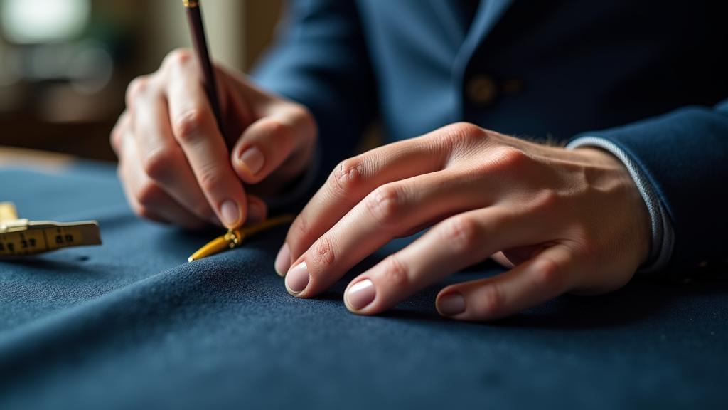 Un sarto artigiano che lavora con cura e precisione su un tessuto blu navy